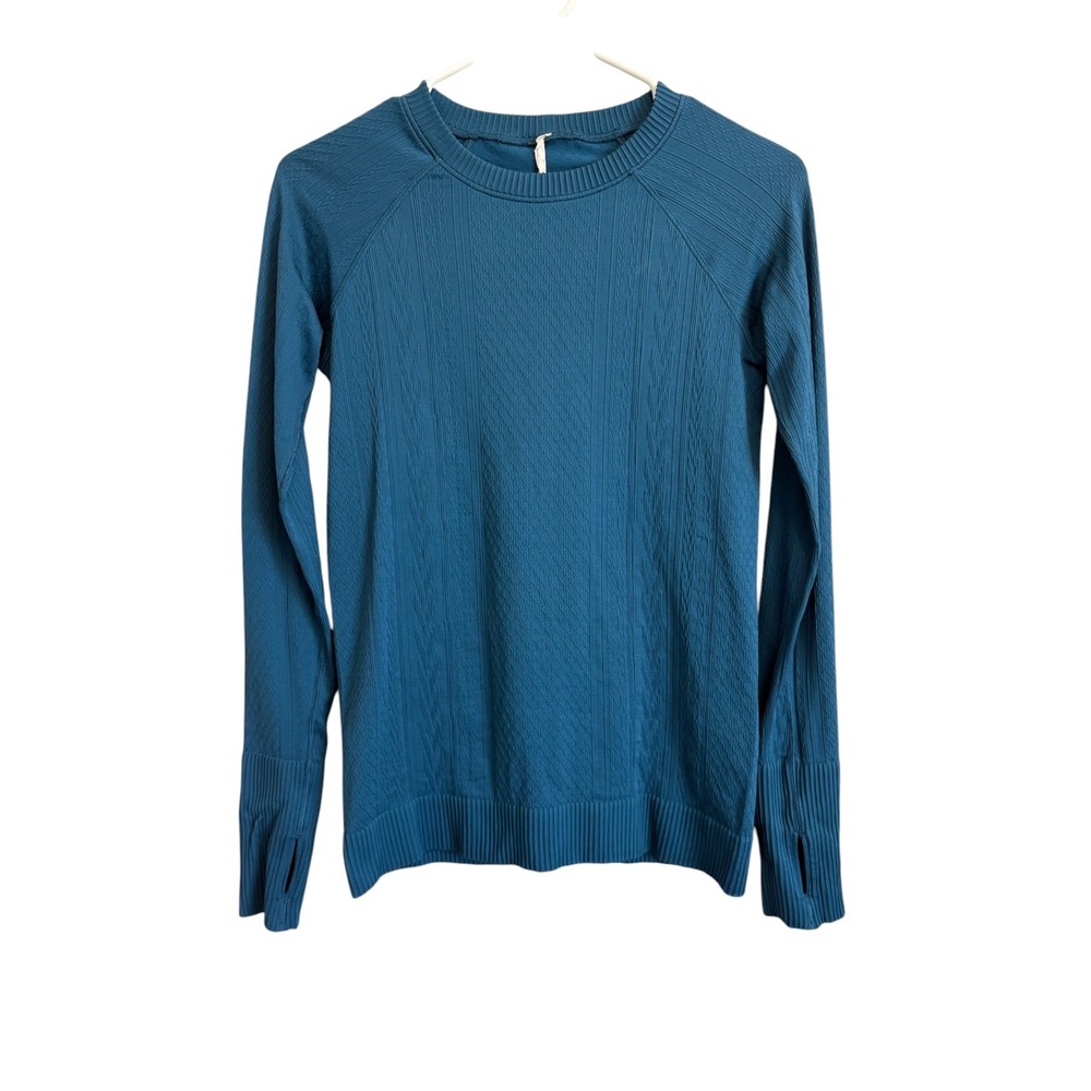 Lululemon Rest Less Pullover Size 6 Teal Blue Textured Long Sleeve Thumbholes